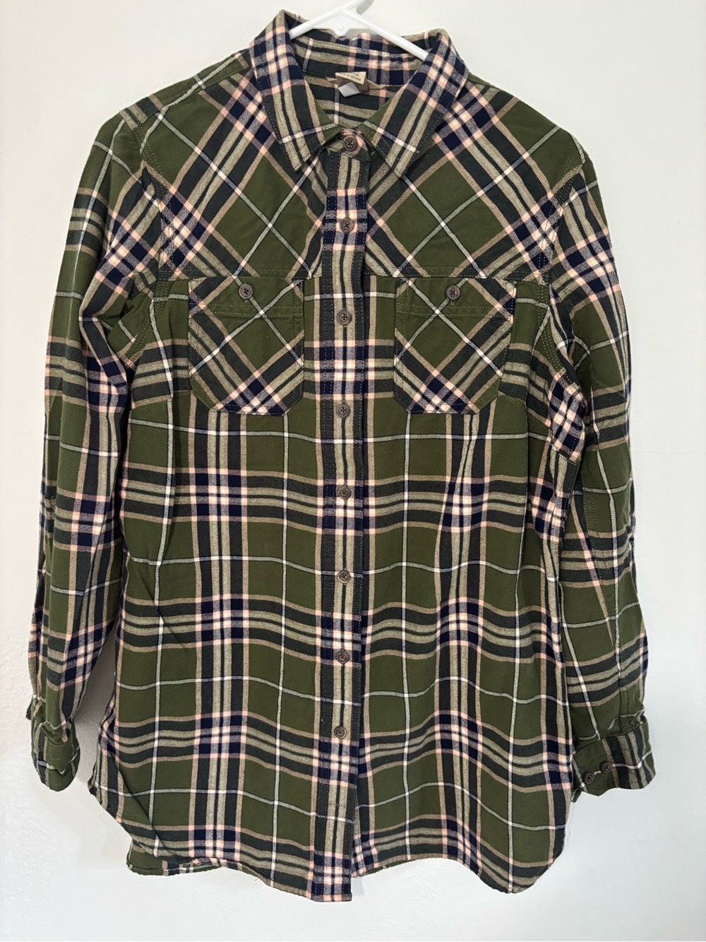 Duluth Trading Co Olive, Navy & Pink Plaid 100% Cotton Shirt